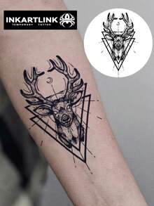 INKARTLINK Geometric Realistic Deer Tattoo | Herbal Juice Formula 15-Day Lasting | Semi-Permanent Realistic Fake Tattoo | Waterproof Sweatproof Fashionable Personalized Sticker | Animal Portrait Body Art | Music Festival Party Essential