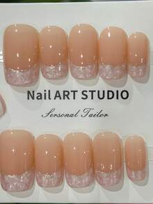 Hanmade 10 Piece Set Of Handmade Nail Art, Wearing Nail Art, Pink French Style Short Press Nail Art Patch, Quick Nail ArtJellyfish Texture French Design, Silver Shimmering Powder And Ink Accents,Press On Nails,Suitable For Daily Wear By Women And Girls - Multicolor - View 12