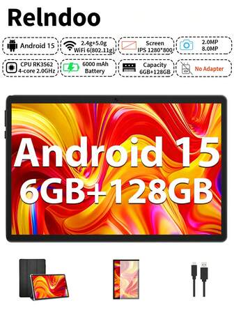 Relndoo Tablet Android 2025 Newest, 10.1-Inch Tablet With Case, Android 15 Tablet With 6000mAh Battery, 6GB RAM+128GB ROM, RK3562 Quad-Core 2.0 GHz, 2MP+8MP Dual Camera, 1280*800px HD Touchscreen, Wireless, 802.11n Wifi6 2.4g/5.0g, GMS Certified Computer Tablets PC With Protective Film (Without Adapter)