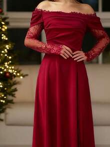 Solid Color Elegant Party Ruffle Mesh Splice Off Shoulder Formal Dress, Wedding Spring - Burgundy - View 2