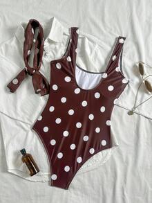 New Polka Dot All-Over Print Cute Backless One-Piece Swimsuit + Headscarf, Summer Vacation Beach - Brown - View 6