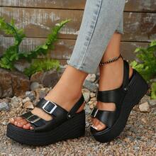 美式街头风黑色厚底坡跟凉鞋，金属搭扣带厚底罗马鞋 - 黑色 - 查看 7