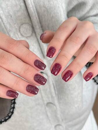 10pcs Handmade Fuchsia Rhinestone Glitter Short Square Press-On Nails, Glamorous Design, Comes With Jelly Gel And Nail File, Suitable For Girls/Women, Great For Valentine's Day, New Year, Acrylic Press-On Nails