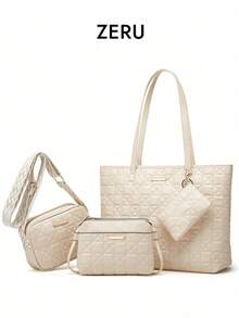 4er Set Große Kapazität Mutter-Kind Tasche, Vintage bestickter Shopper, Umhängetasche, Handtasche mit Münzbeutel - Weiss - Übersicht 1