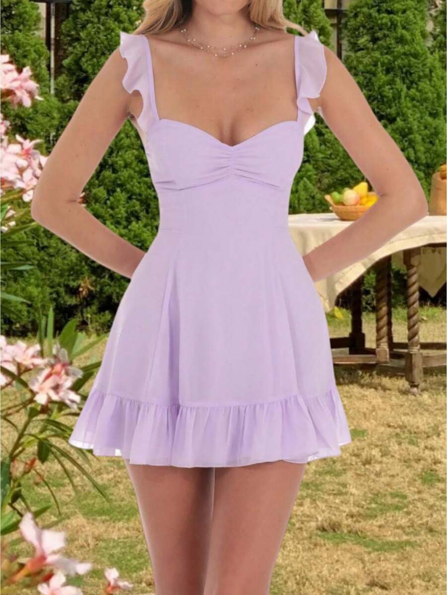 Women Y2k Summer Mini Dress Solid Color Ruffled Trim V Neck Sleeveless Backless A Line Dress Chic Flowy Party Coquette Dress Going Out Boho Sundress - Màu tím - Xem 1