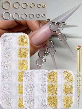3D Metal Open Ring Nail Art Decorations, Gold & Silver Hollow Circle Punk Style Mixed Size Nail Jewelry, DIY Nail Art Accessories, Y2K Nail Salon Supplies