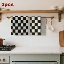 2pcs Black And White Checkered Dish Cloths - Reusable, Washable, Super Absorbent Microfiber Kitchen Towels, 23.6x15.7in, Contemporary Style For Home & RV Use, Durable & Easy To Clean, Dish Towels For Kitchen Suitable For Birthdays, Anniversaries, Valentine's Day, Thanksgiving, Christmas, Halloween, Weddings, And New Year's Gifts, This Is An Ideal Present For Her, And Also A Great Choice For Him, Family, Boyfriend, Girlfriend, Father, Mother, Lover, Daughter, Son, Grandparents, Friends, Classmates, And Pets.It Can Be Used On Sofas, Beds, In Cars, Bedrooms, Living Rooms, Offices, Outdoor Camping, Beaches, Etc., As Wall Decorations, Bedroom Decorations, Halloween Decorations, Autumn Home Decor, Autumn Decorations, Christmas Party-Themed Kitchen Towels, Christmas Decorations, And Office Decorations. - 白色 - 查看 4