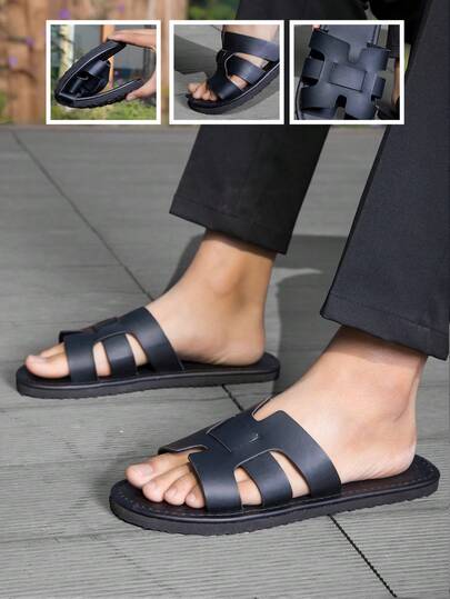 Men's Lightweight Black Slip-On Sandals - Open Toe Beach Shoes, Non-Slip Rubber Sole, Soft Cushioned Insole And Adjustable Strap Closure, Suitable For Pool, Summer, Party - Compatible With Casual And Formal Wear (Lightweight)