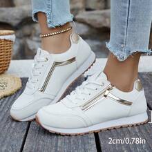 Women's Retro Style White Sneakers, Flat Casual Lace-Up Shoes, Fashion Lightweight Comfortable Trainers, Versatile For Spring/Autumn, Outdoor Sports, Decorated With Metal Trim And Side Zipper - White - View 7
