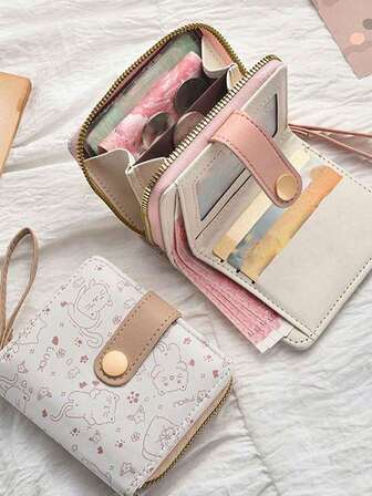 1pc Cartoon Cat Print Snap Button Short Wallet For Girls - Multi-Compartment Coin Purse Card Holder - Large Capacity Coin Pouch - Portable Card Case Mini Wallet Cute Wallet, Perfect Gift For Girls On Valentine's Day And New Year