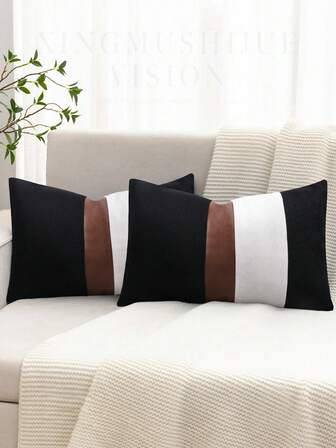 1/2 Piezas Funda de almohada de estilo rústico con combinación de cuero de colores múltiples de un solo lado, funda de almohada de moda para sala de estar, sofá, dormitorio, decoración del hogar, funda de cojín de coche sin relleno