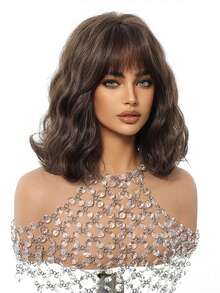 14英寸波浪卷假发，带刘海，高品质自然渐变棕色，采用耐热合成纤维制成，适合日常、度假和旅行佩戴。 - 黑棕色 - 查看 4