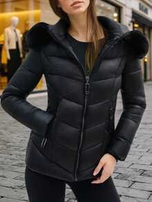 Women's Solid Color Warm Long Sleeve Winter Jacket - Black - View 4