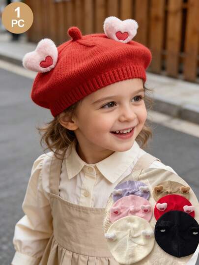1顶婴儿贝雷帽，可爱精致的心形桃耳贝雷帽，适合1-3岁新生儿的画家帽，男女通用，女婴服装，婴儿春季发饰，幼儿发饰，小女孩春季套装，适合居家和外出，婴儿最佳礼物，适合节日聚会、派对、摄影，最佳礼物