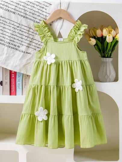 Summer Young Girls Casual Fresh Floral 3D Dress, Sleeveless Ruffle Strap, Fashionable Cute Minimalist Girls Dress, Suitable For Daily Outdoor Activities