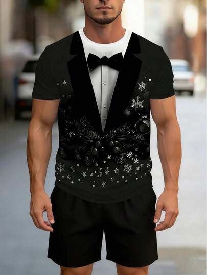 2 st/set plusstorlek herrpyjamaset med kortärmad t-shirt och shorts, lämplig för vår/sommar