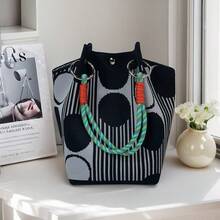 女士针织手提包，轻便设计师手提包，配彩色绳带手柄，美观几何印花单肩包，休闲日常柔软手提包，适合旅行、工作和购物，韩版时尚女孩钱包 - 彩色 - 查看 4