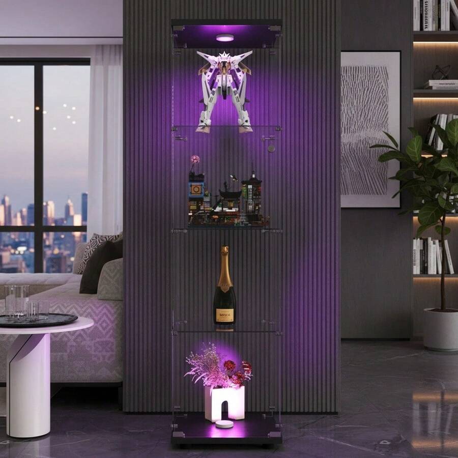 Vitrine en verre 164x42x35 cm,avec 4 étagères,porte simple,verre trempé,sur pied,adaptée pour salon chambre bureau,Noir - Noir - Voir 1