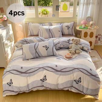 4pcs Duvet Cover Set, Light Gray Heart & Butterfly Pattern Duvet Cover, Comfortable & Breathable Polyester Bedding Set, Reversible Elegant Striped Duvet Cover, Nordic Style Luxury Bedding, Suitable For All Seasons, Includes 1 Duvet Cover (No Filling), 1 Bed Sheet, 2 Pillow Shams (No Filling)