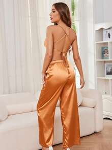 2pcs Silky Sleepwear Set For Women, Sexy Crisscross Back Camisole Top And Long Pants, Loungewear - Orange - View 3