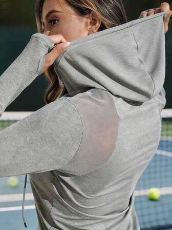 Sudadera con capucha de manga larga para mujer, para deportes al aire libre, con contraste de malla, bajo curvo con cordón, para otoño