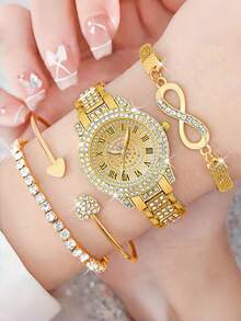 4件套女士时尚休闲石英表，罗马数字表盘，水钻点缀，圆形指针，包含珠宝配件和8字形手链，适合作为母亲节、教师节、感恩节、毕业典礼、生日礼物 - 彩色 - 查看 8