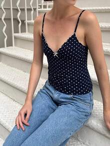 Womens Polka Dot Print Crop Camisoles Tank Tops Spaghetti Straped Deep-V Neck Bow Cami Streetwear Party Clubwear Going Out Tops Vacation Outfits Women, Holiday Outfits Women, New Years Outfits Women - 藍色 - 查看 4