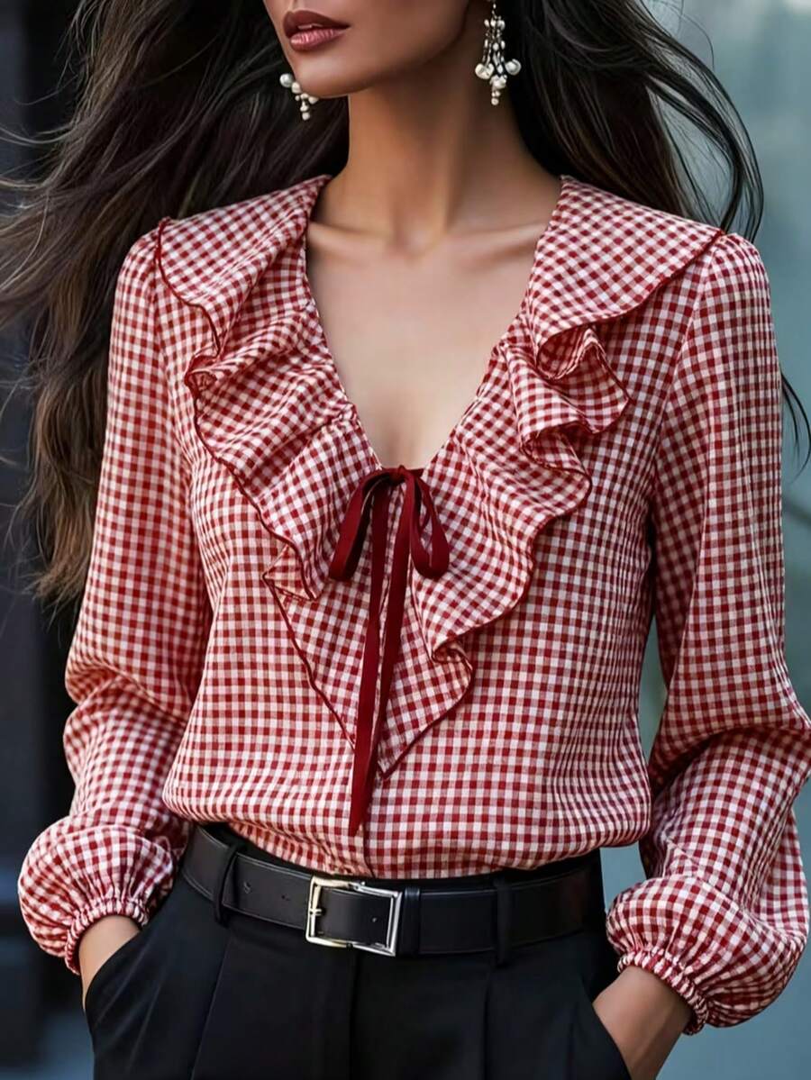 Blusa con estampado de cuadros , volantes y nudo delantero, para primavera - Rojo - Ver 1