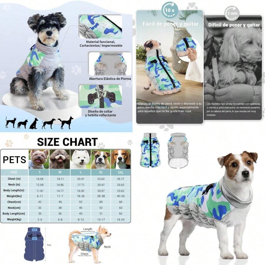 Chaleco para Perro Ropa de Invierno para Mascotas Chaqueta Térmica Impermeable y Resistente al Viento para Clima Frío para Perros Pequeños y Medianos - Camuflajeazul - Ver 1