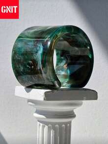 GNIT 1pc Elegant Retro Wide Resin Bangle In Green, Autumn Winter Sweater Accessory Geometric Pattern Elements, Orderly Textures And Fluctuating Curves - Green Pattern Series Bangle - View 14