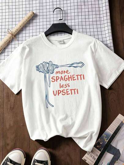 Áo thun ngắn tay màu trắng in họa tiết "More Spaghetti Less Upsetti" dành cho nữ, cỡ lớn, thích hợp mặc hàng ngày, đi chơi, dự tiệc, đi học, tham dự lễ hội âm nhạc, đi nghỉ mát, đi làm. Có thể dùng làm quà tặng cho gia đình, bạn trai, bạn gái, bạn bè, hoặc làm quần áo mùa hè thoải mái cho các cô gái.