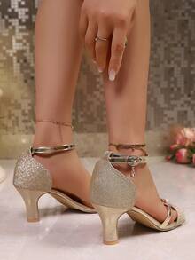 Giày sandal quai ngang đính sequin thanh lịch mới cho nữ mùa xuân/hè, giày cao gót hở mũi không gót thời trang, phù hợp cho các bữa tiệc và sự kiện, kiểu dáng đa năng. - Rượu sâm banh - Xem 2