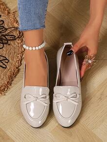 Women's Fashion Round Toe Bow Slip-On Shoes, Comfortable Commuting Versatile Ballet Flat Shoes, Suitable For Spring And Autumn, Plus Size - Apricot - View 6