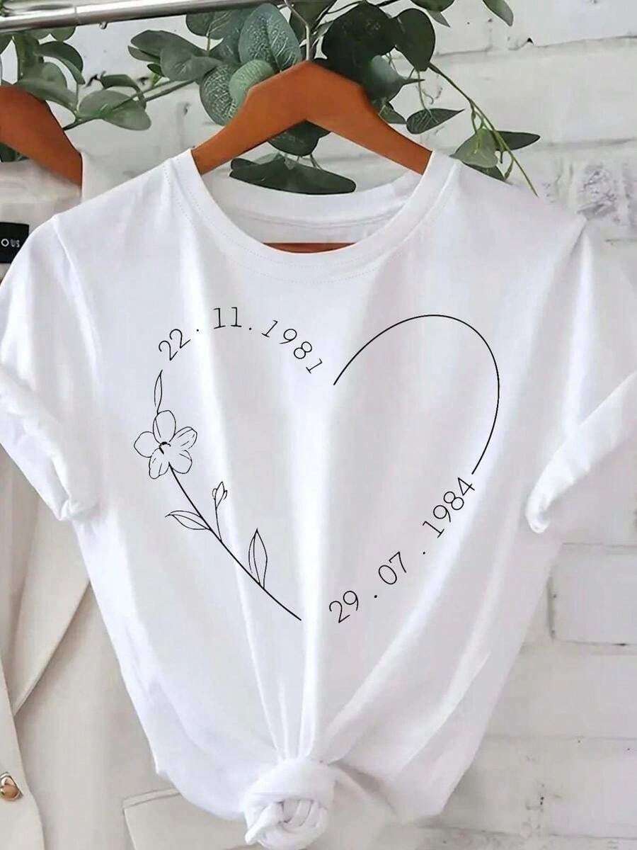 Women'S Anniversary T-Shirt - November 22, 1981 - Minimalist Wedding Floral Heart Design - White With Black Print - Romantic Date Shirt - Machine Washable Anniversary Gift For Her - Casual Casual Attire, Va - White - View 1