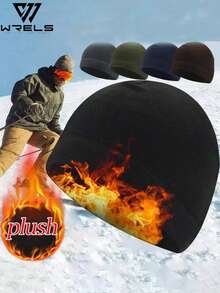 1pc Unisex Windproof Warm Solid Color Fleece Hat With Matching Gloves, Thickened Winter Earflap Hat, Great Gift - A - View 1