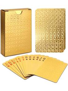 金色防水扑克牌 - 防水扑克牌，饰以优雅的金色箔片，采用专业塑料材质，适用于扑克之夜、派对、旅行、户外游戏、海滩、泳池、露营和魔术表演。 - 彩色 - 查看 2