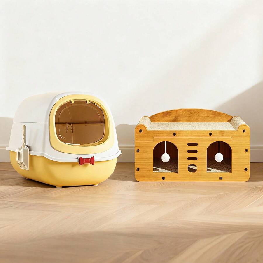 Multi-Function Cat Scratcher House – 3-In-1 Scratch Pad, Soft Bed & Play Cave With Toys, Durable Build & Ideal Holiday Gift - MD-dOOR1+QE-yELLOW - View 1