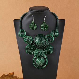 Överdrivet flerskiktat hartshänge, handgjort aluminiumtrådflätat pärlhalsband och örhängen, trendig vintage bohemisk stil för fest, bröllop, högtid