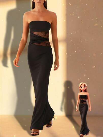 1 pieza Vestido elegante de mujer con panel de encaje y detalle de torsión en la cintura, adecuado para ocasiones de primavera, verano y otoño como negocios, fiesta de noche, boda, fiesta de graduación, fiesta de cumpleaños, Nochevieja, cita y reunión del Día de San Valentín