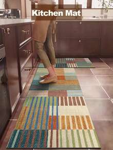 1pc Washable Non-Slip Retro American Style Kitchen Mat, Checkered Striped Italian Style Diatomite Printed Carpet, Quick Absorbent And Easy To Clean, Suitable For Kitchen, Dining Room, Bathroom, Laundry Room And Entryway - Mustard Yellow - View 3