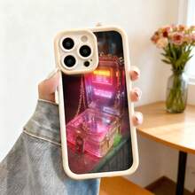 Cubierta de teléfono con borde negro diseño caja luminosa neón rojo y rosa con cadena y texto en inglés para uso diario y estilo urbano - Blanco - Ver 2