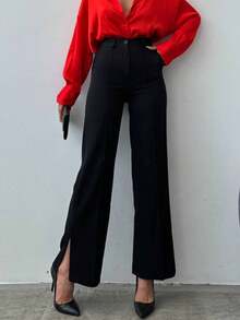 Quần ống loe màu đen thanh lịch dành cho nữ, chất liệu polyester, có khóa kéo và túi. - màu đen - Xem 1
