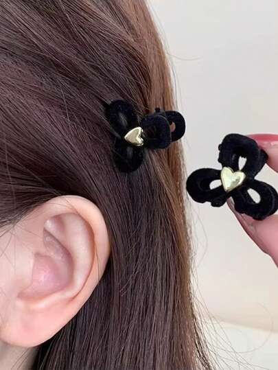 2个装女士高品质黑色丝绒心形蝴蝶结发夹，适合秋冬季侧边夹、刘海夹、公主发型，送给女朋友的时尚发夹，优雅发饰，休闲发夹，女士发爪