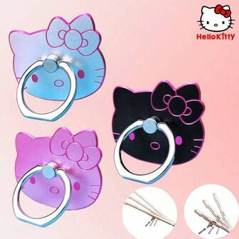 Sanrio Hello Kitty Shiny Zinc Alloy Phone Ring Holder, Cute Cartoon 360 Degree Rotation And 180 Degree Adjustable Stand, With Polished Metal Phone Grip (Black/Red/Silver/Rose Gold)