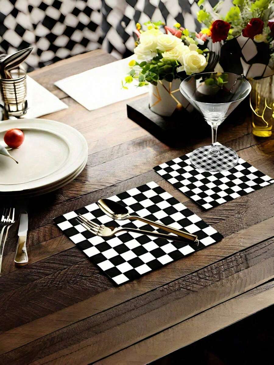 Black & White Checkered Racing Flag Print Napkins, Suitable For Car Themed Birthday Parties, Dinners, And Other Racing Themed Events - Multicolor - View 1