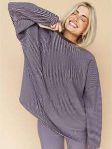 Women's Casual Striped Oversized Long Sleeve Lounge Set With Wide-Leg Pants - 紫藍色 - 查看 1