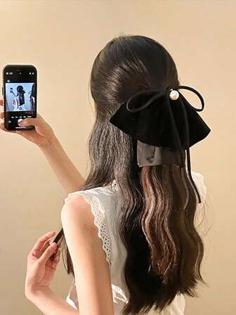 Fransk retro hårspänne i sammet med konstpärlor och rosett, svart rosett med hästsvans, elegant håraccessoar, eleganta hårspännen