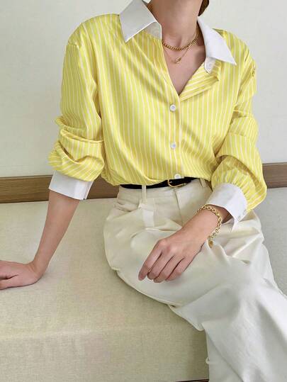 Women's Japanese And Korean Style Striped Loose Shirt , Color-Blocked White Collar And Cuffs Long Sleeve Top , 2026 New Fashionable Relaxed Casual Party