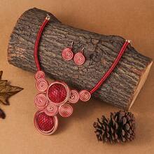 夸张的多层树脂吊坠，铝线编织手工串珠项链和耳环套装，时尚复古波西米亚风格，适合派对、婚礼、度假等场合。 - 紅色的 - 查看 6