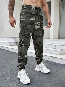 男士宽松休闲工装裤，多口袋设计，迷彩款 - 軍綠色 - 查看 4